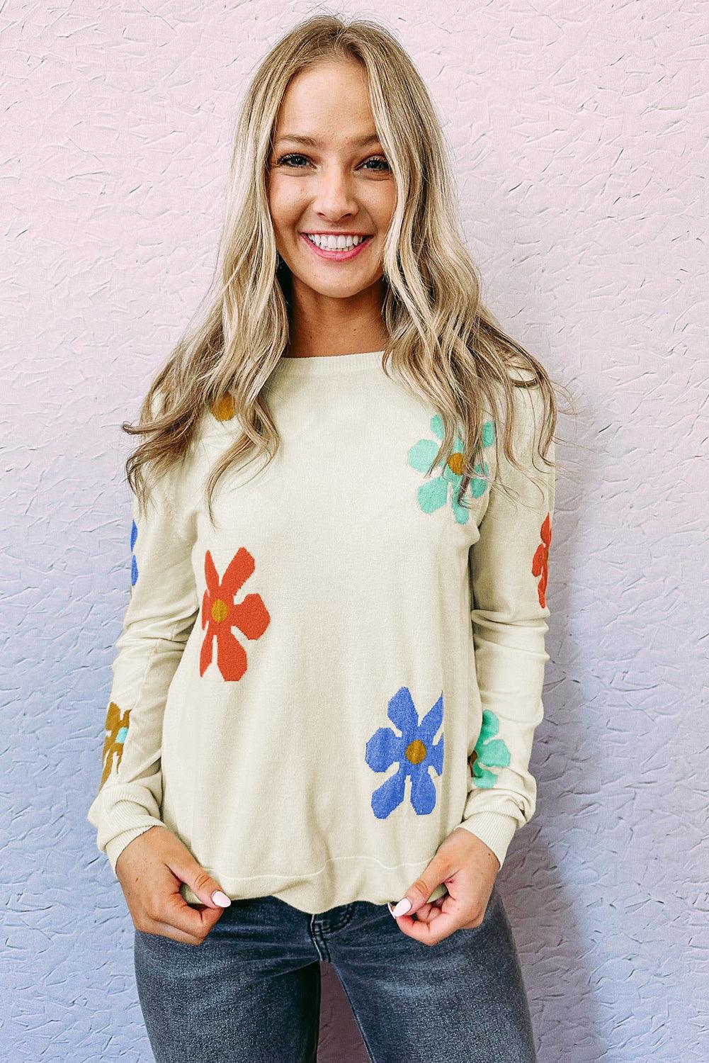 White Sweet Floral Pullover Sweater - L & M Kee, LLC