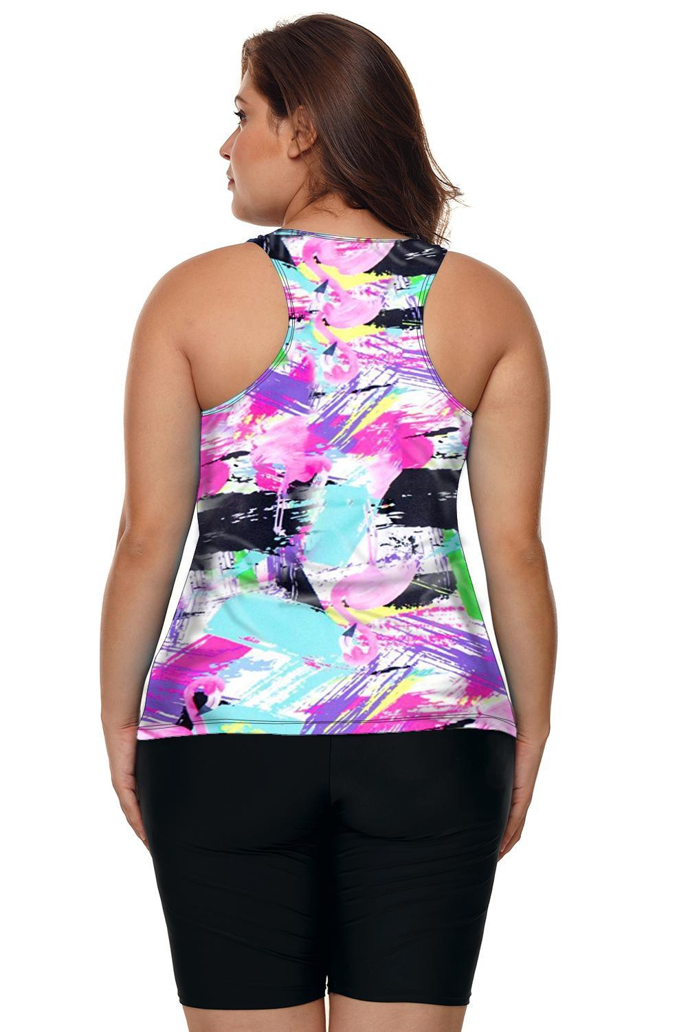 Stripe Floral Print Racerback Tankini Swimsuit - L & M Kee, LLC