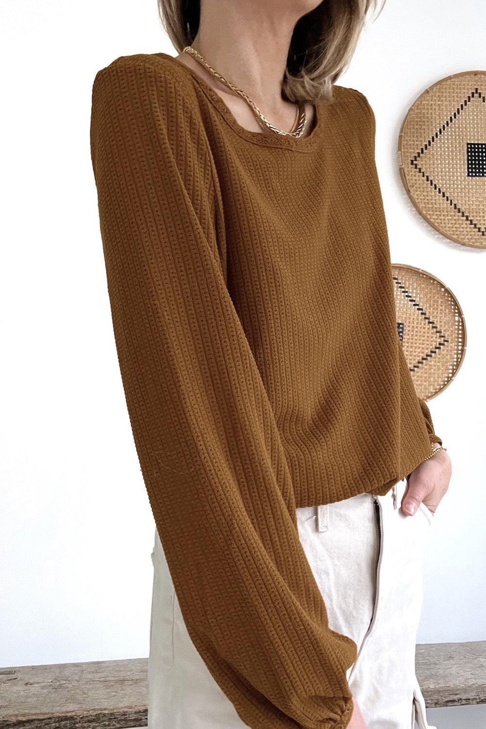 Brown Textured Round Neck Puff Sleeve Top - L & M Kee, LLC