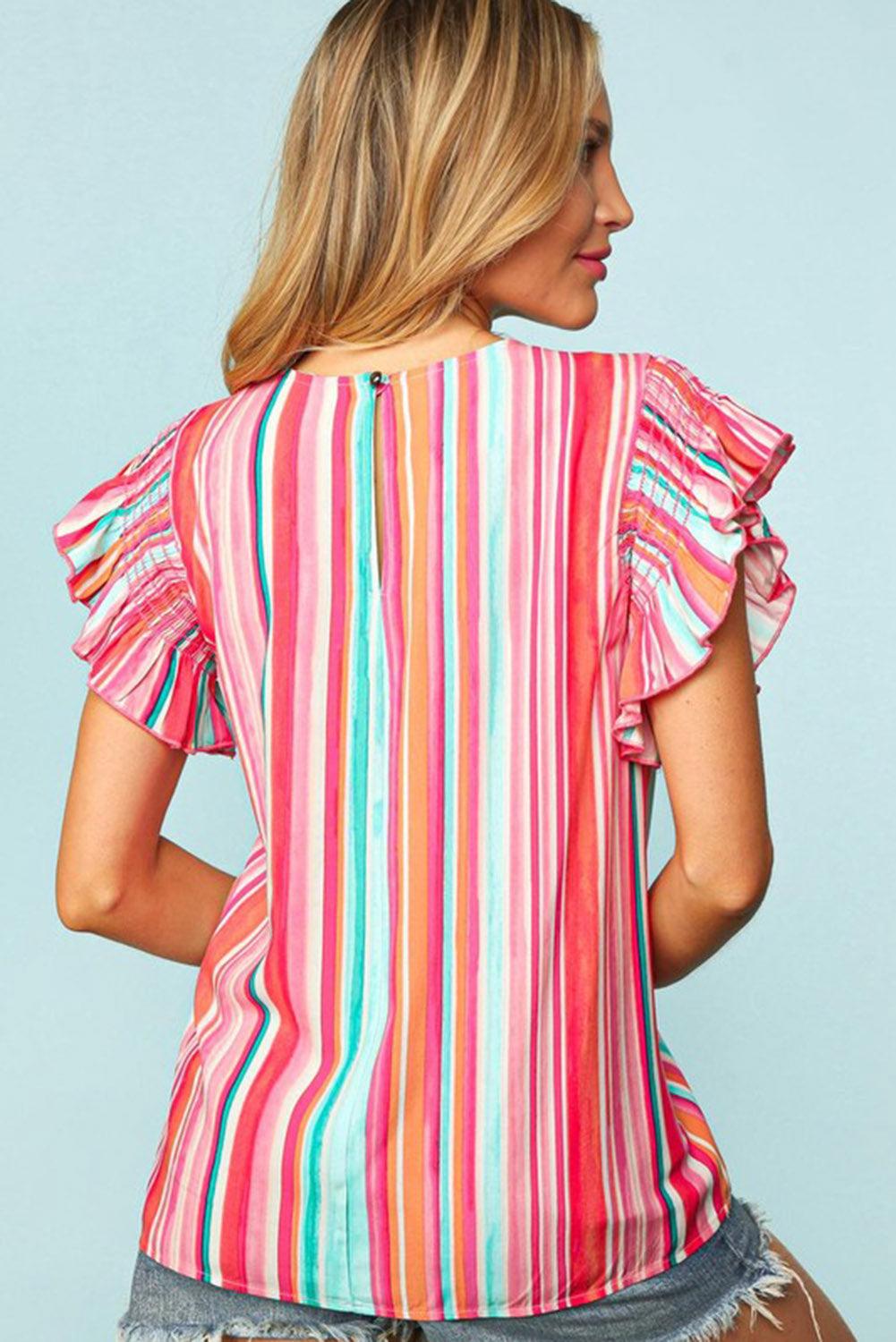 Multicolor Abstract Print Stitching Ruffle Sleeve Blouse - L & M Kee, LLC