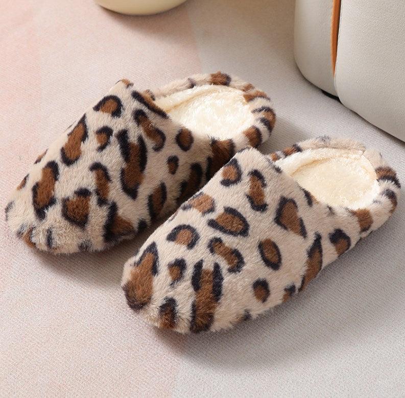Camel Leopard Print Fuzzy Home Slippers - L & M Kee, LLC