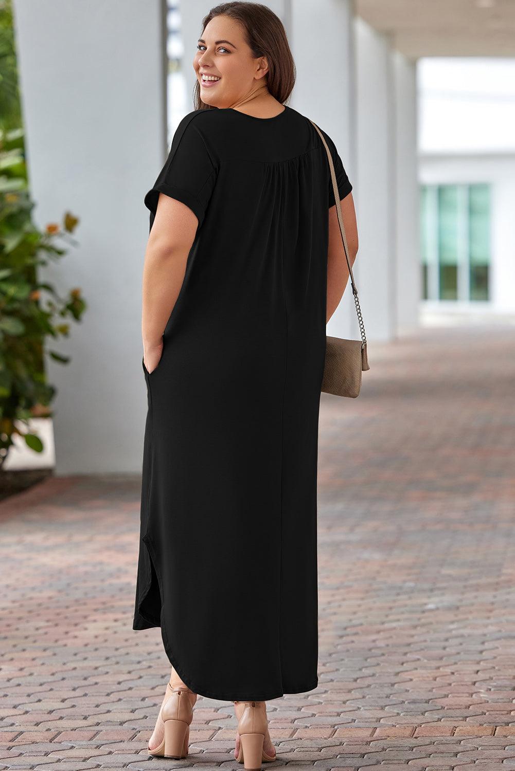 Plus Size V Neck Rolled Cuffs Maxi Dress - L & M Kee, LLC