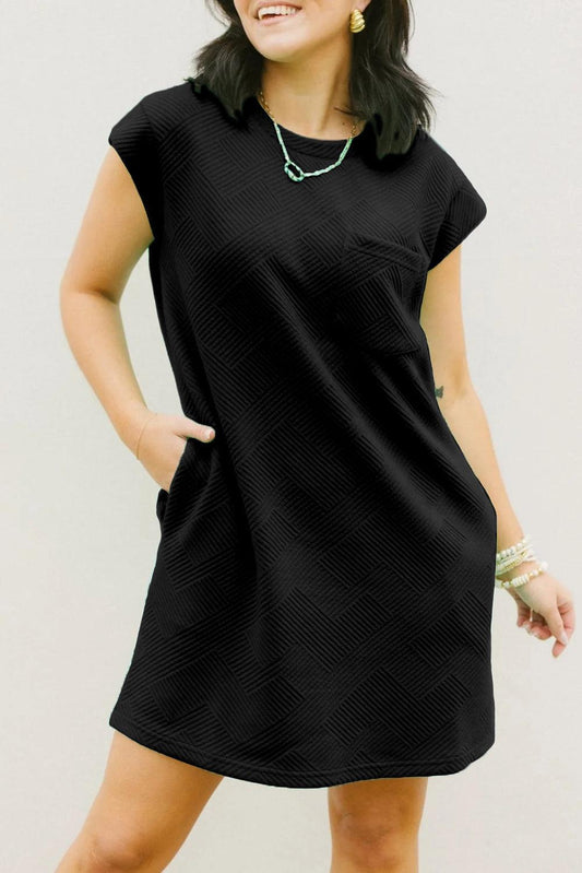 Black Textured Cap Sleeve T Shirt Dress - L & M Kee, LLC