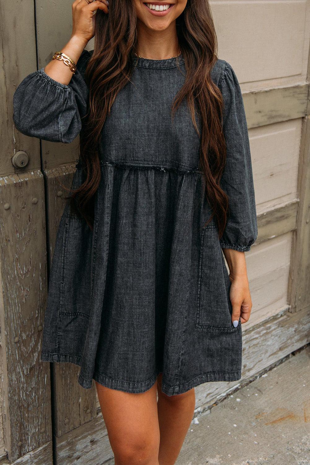 Black Balloon Sleeve High Waist Denim Dress - L & M Kee, LLC