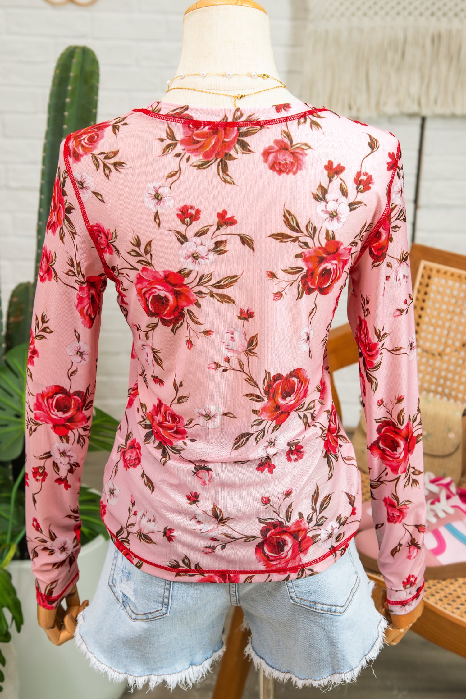 Pink Floral Print Exposed Seam Detail Mesh Long Sleeve Top