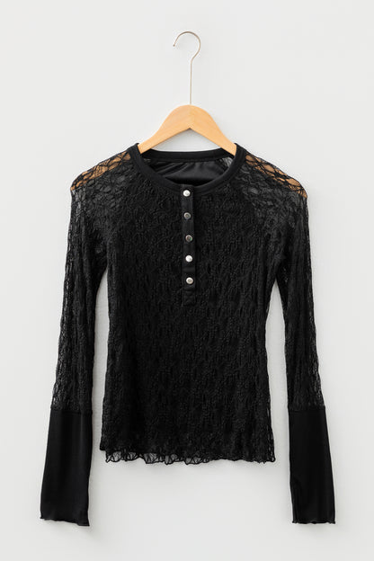 Black Sheer Lace Long Sleeve Slim Henley Top