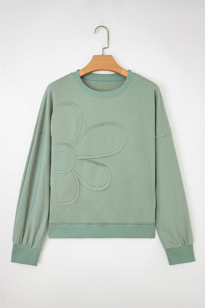 Coffee Raw Edge Flower Patch Drop Shoulder Casual Top