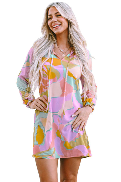 Multicolor Abstract Print Frill Split Neck Babydoll Mini Dress - L & M Kee, LLC