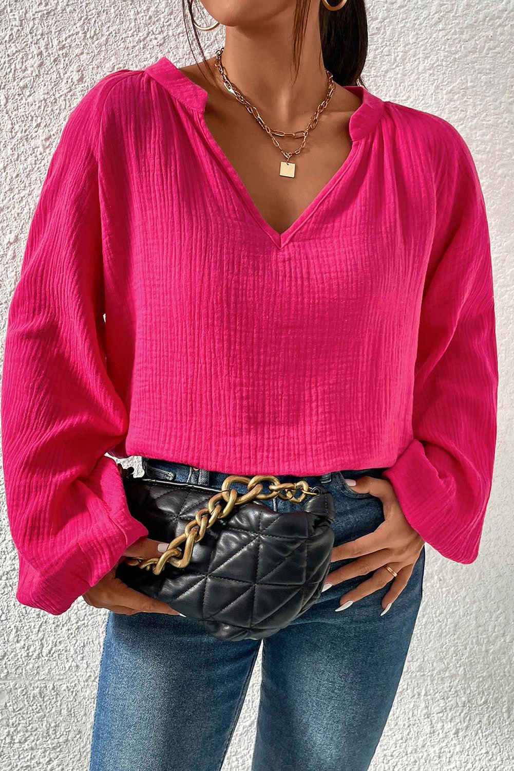 Crinkle Split Neck Puff Sleeve Blouse - L & M Kee, LLC