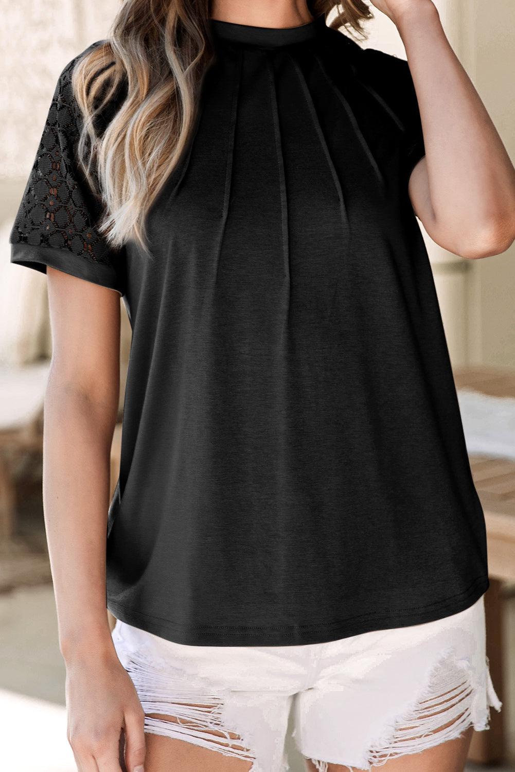 Black Seamed Detail Contrast Lace Raglan Sleeve Tee - L & M Kee, LLC