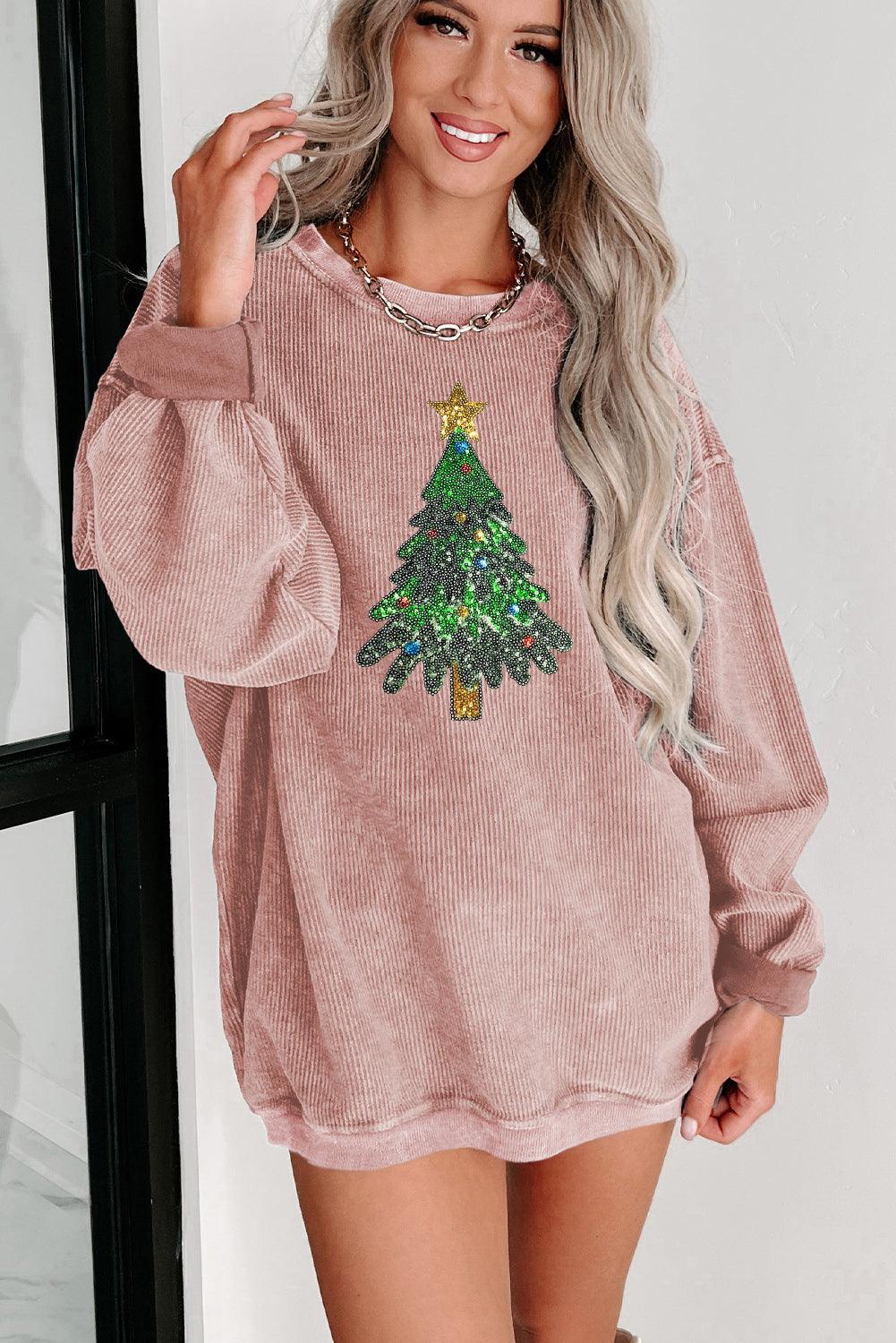 Pink Sequin Christmas Tree Corded Oversized Sweatshirt - L & M Kee, LLC