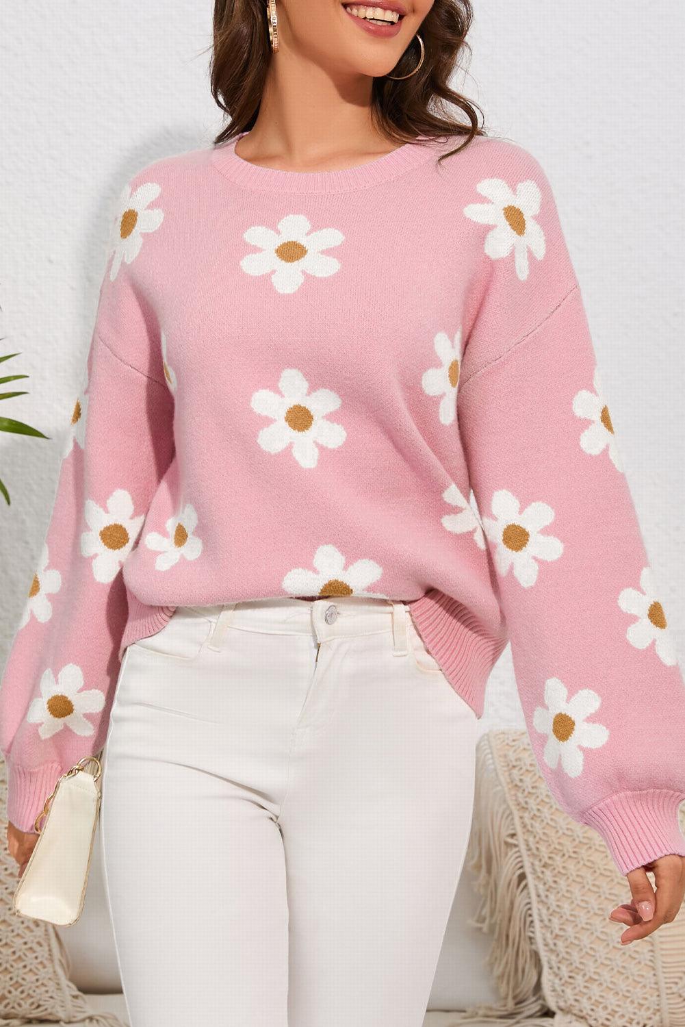 Pink Floral Pattern Drop Shoulder Sweater - L & M Kee, LLC