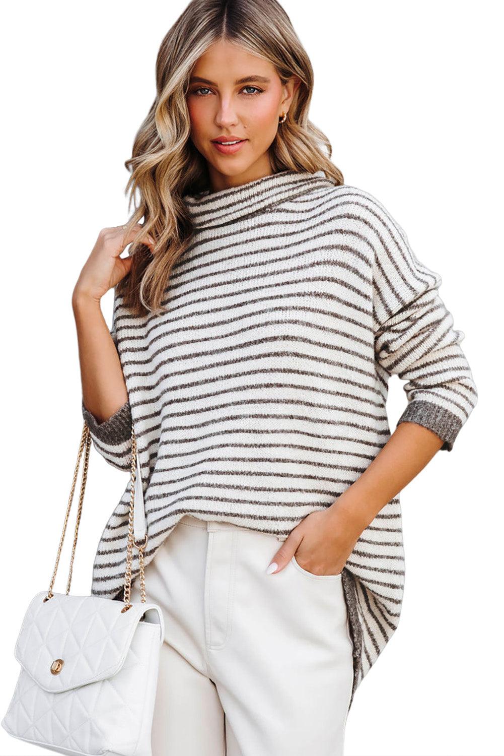 Black Striped Turtleneck Loose Sweater - L & M Kee, LLC