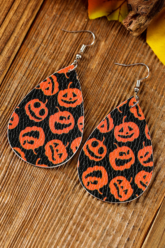 Orange Halloween Pumpkin Face Printed Waterdrop Shape Hook Earrings