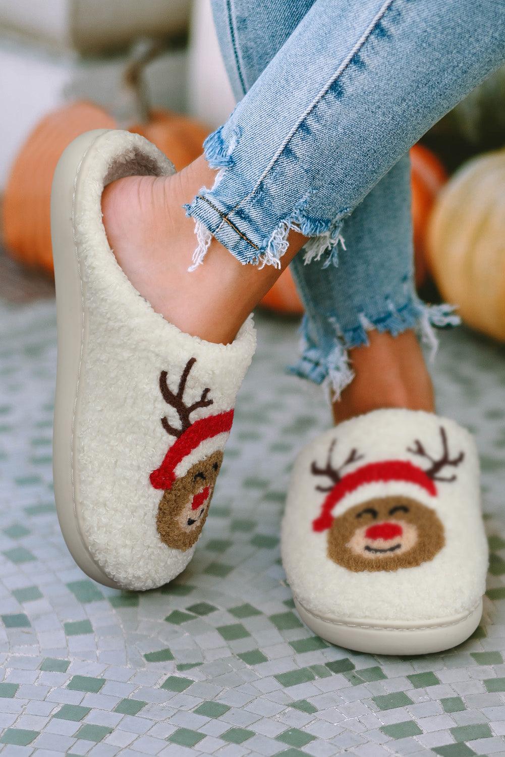 White Christmas Deer Home Indoor Plush Slippers - L & M Kee, LLC