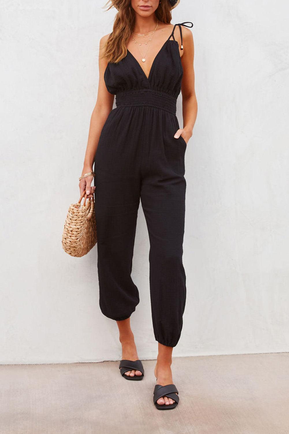 V Neck Knotted Shoulder Backless Pocket Jumpsuit - L & M Kee, LLC