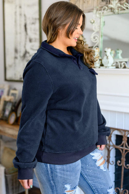 Blue Snap Buttons Pullover Plus Size Fleece Sweatshirt - L & M Kee, LLC