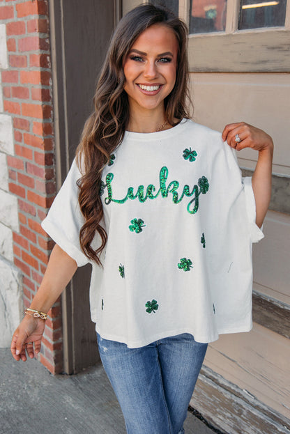 White St Patrick Lucky Clover Sequin Graphic T Shirt