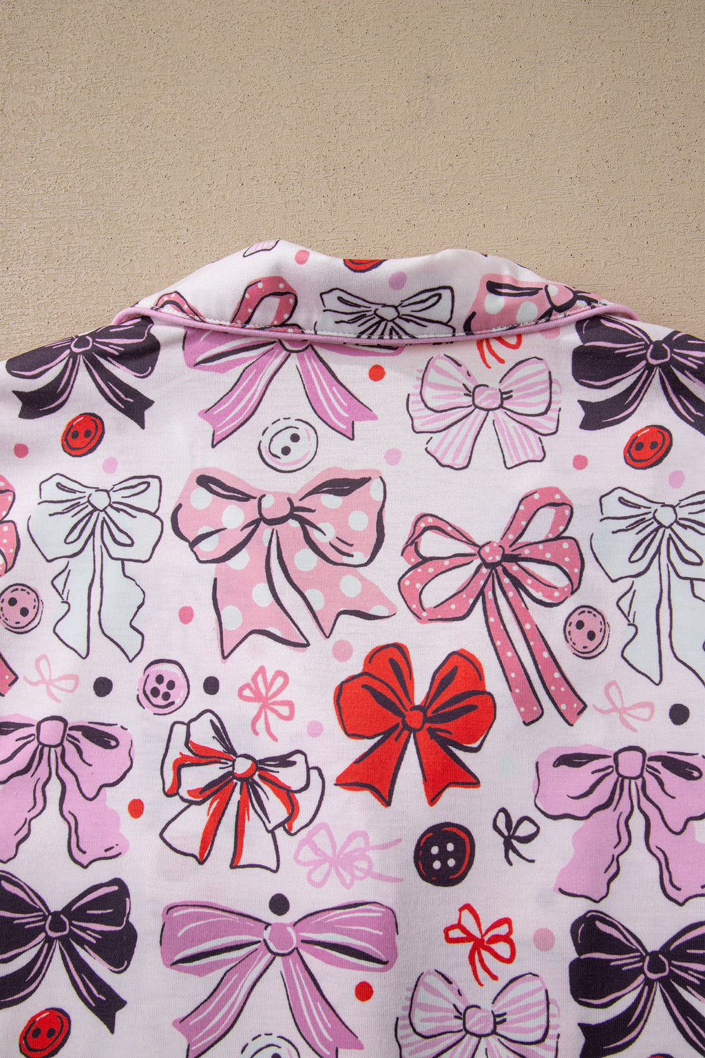 Pink Cute Ribbon Bows Printed Shirt Style 2pcs Short Pajama Set