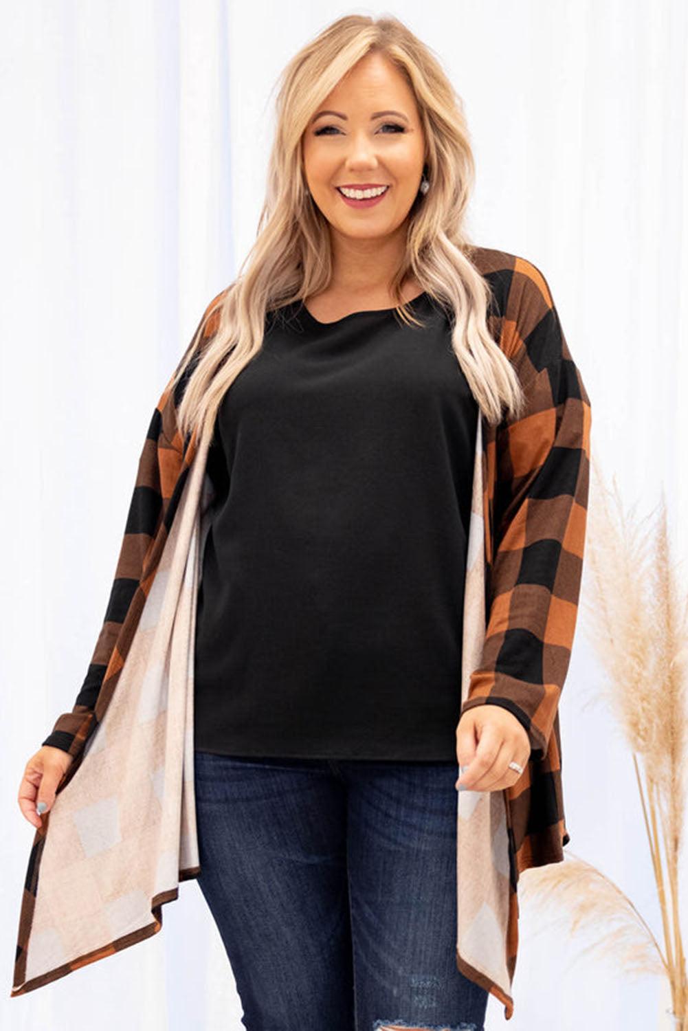 Plus Size Plaid Pattern Open Front Cardigan - L & M Kee, LLC