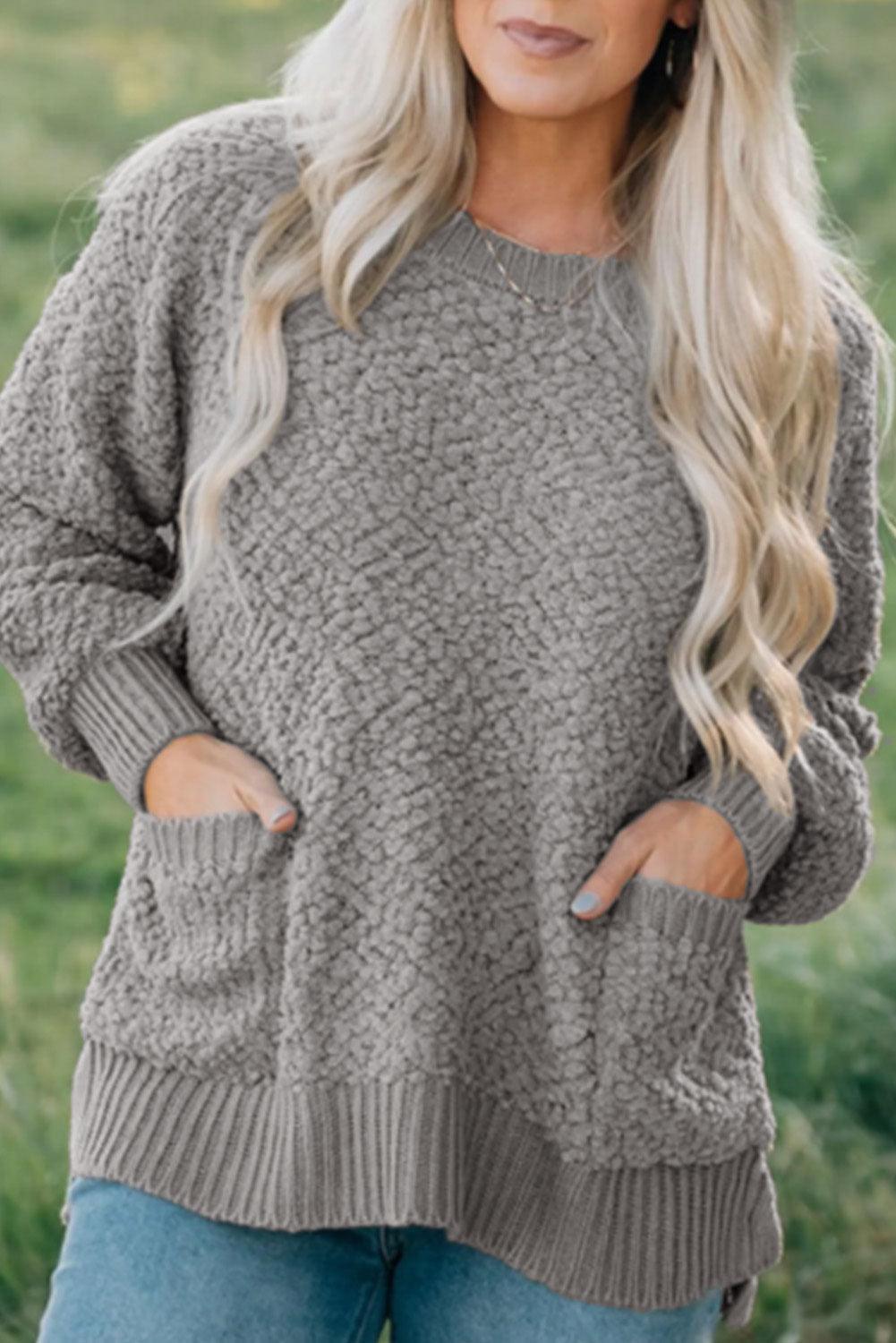 Gray Double Pockets Ribbed Trim Popcorn Knit Sweater - L & M Kee, LLC