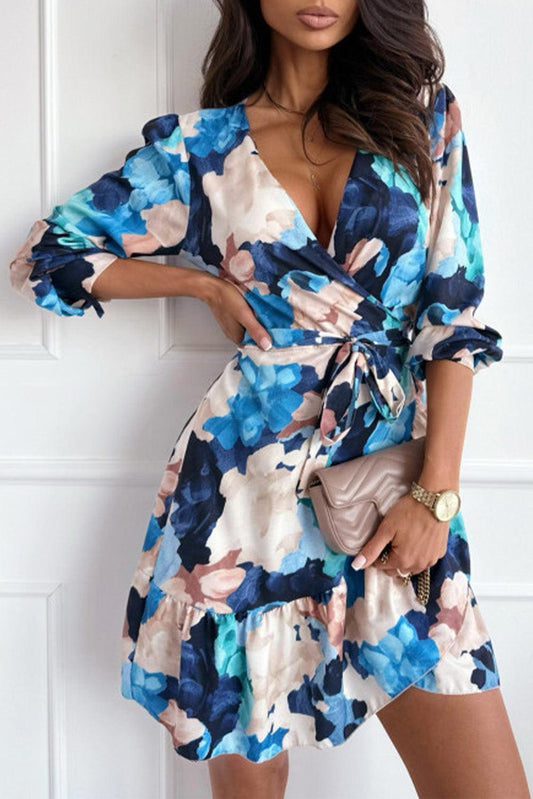 Abstract Floral Long Sleeve Tied Ruffle Dress - L & M Kee, LLC