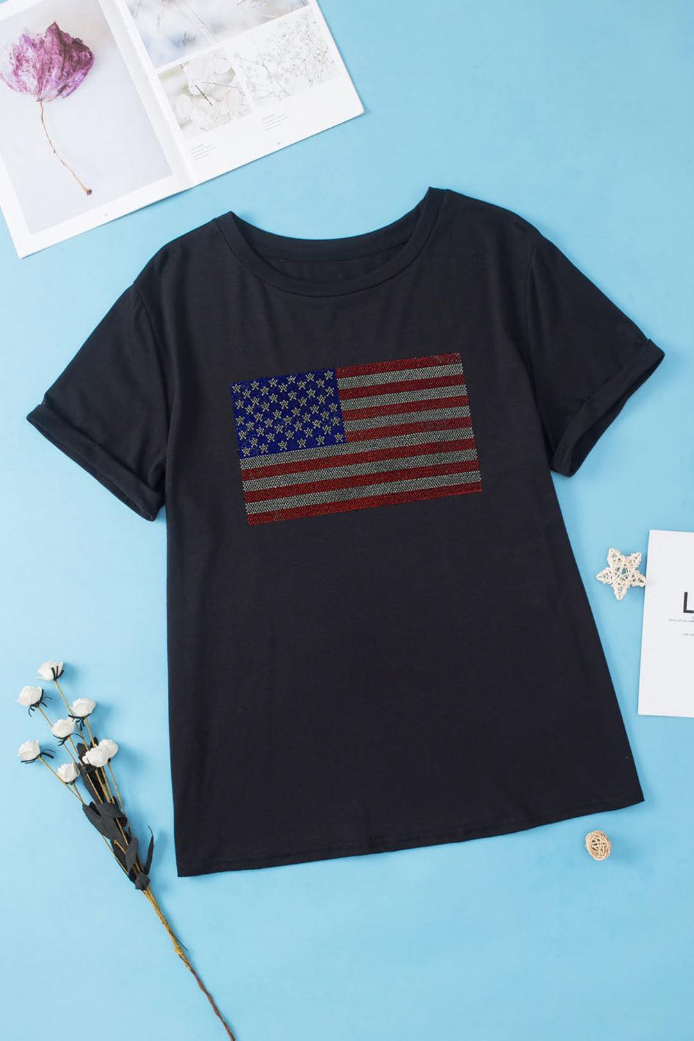 Black Rhinestone American Flag Plus Size Graphic T Shirt - L & M Kee, LLC