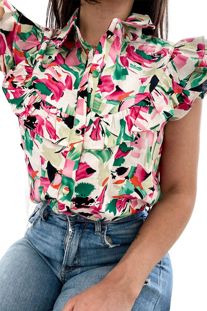 Floral Print Ruffled Sleeveless Shirt