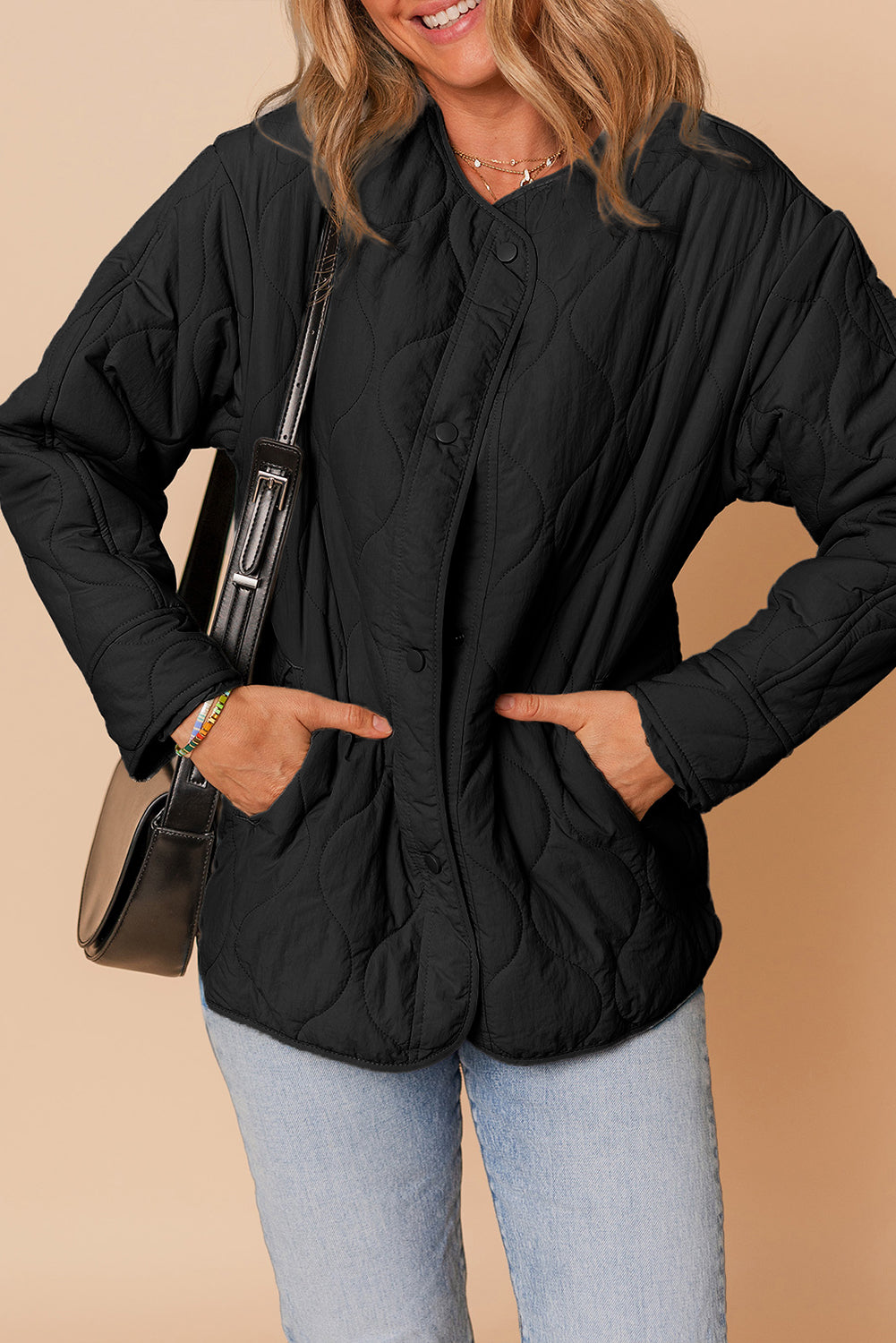 Black Snap Button Quilted Puffer Jacket