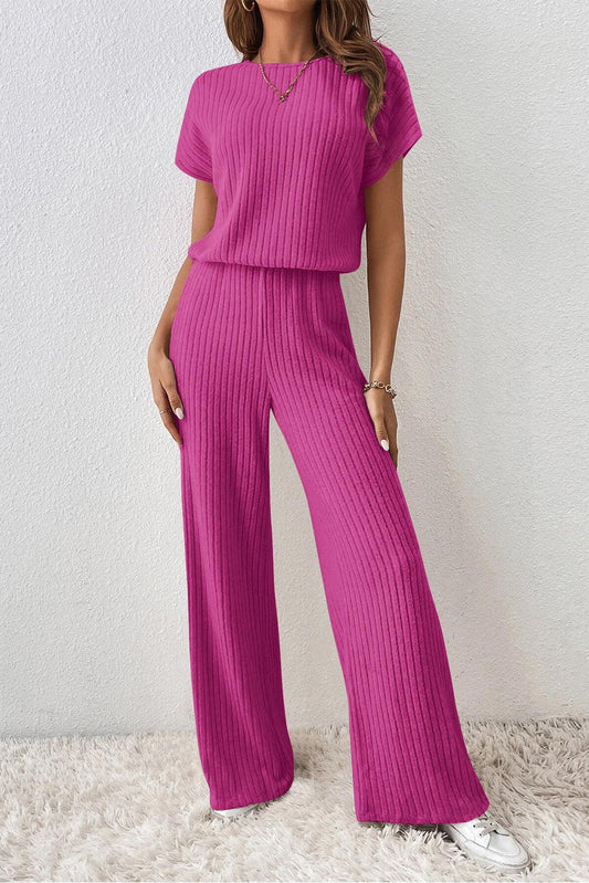 Rose Red Solid Color Ribbed Short Sleeve Wide Leg Jumpsuit - L & M Kee, LLC