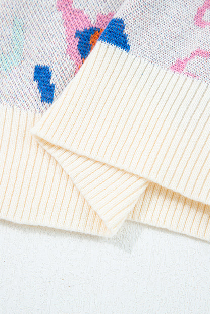 Apricot Abstract Pattern Knit Contrast Striped Trim Short Sleeve Sweater