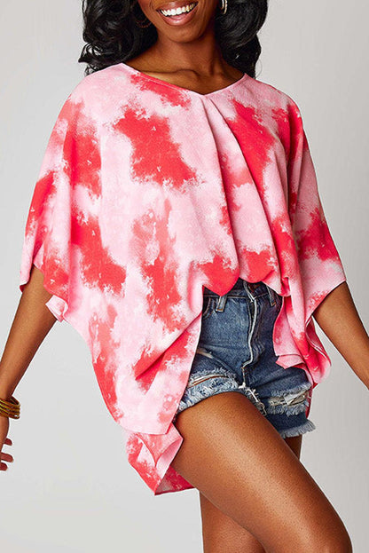 Red Plus Size Tie-dye Print 3/4 Sleeve Tunic Top - L & M Kee, LLC