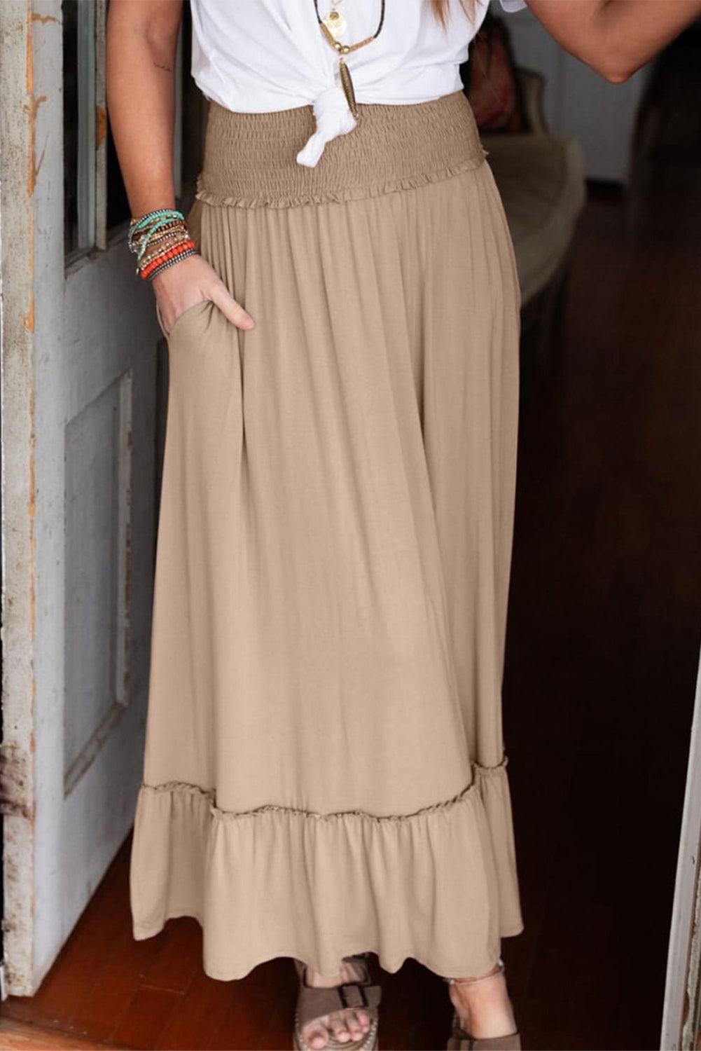 Parchment Smocked Waist Ruffled Maxi Skirt - L & M Kee, LLC