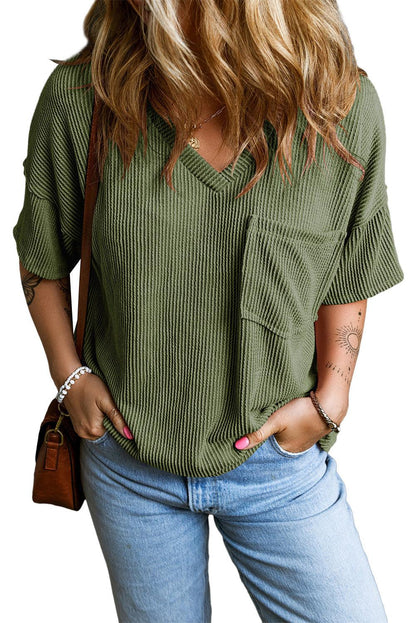 Jungle Green Corded V Neck Chest Pocket Loose T-shirt - L & M Kee, LLC