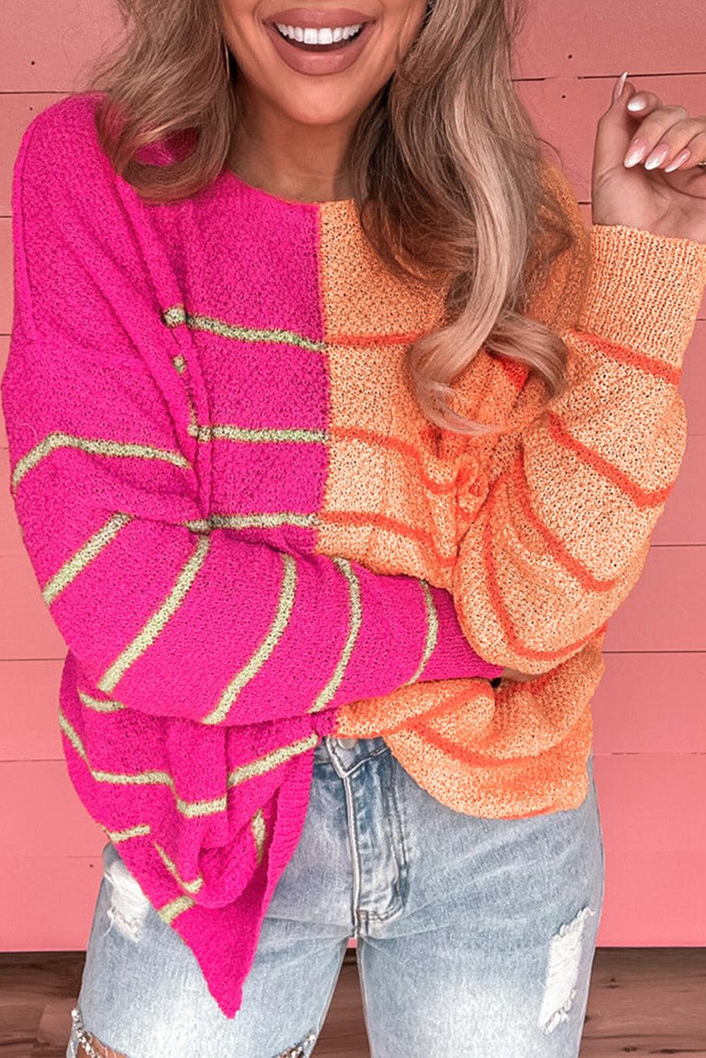 Multicolour Striped Color Block Loose Fit Knit Sweater - L & M Kee, LLC