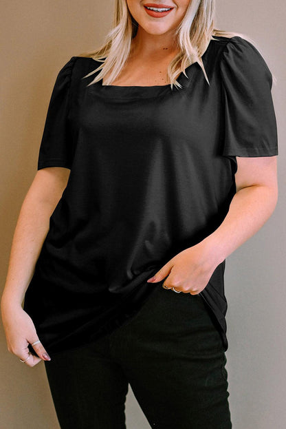 Black Plus Size Square Neck Ruched Shoulder Short Sleeve Top - L & M Kee, LLC