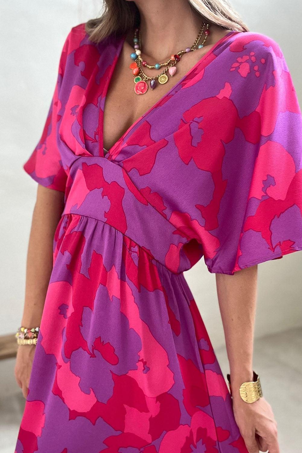 Abstract Floral Print V Neck Dolman Maxi Dress - L & M Kee, LLC