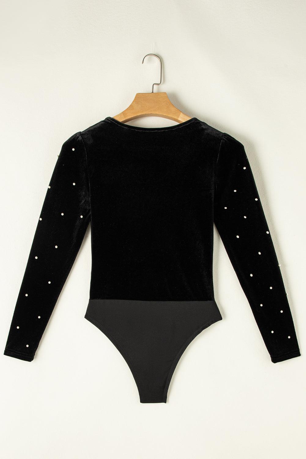 Black Velvet Beaded Long Sleeve V Neck Bodysuit - L & M Kee, LLC