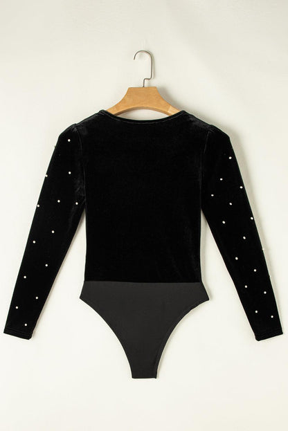 Black Velvet Beaded Long Sleeve V Neck Bodysuit - L & M Kee, LLC