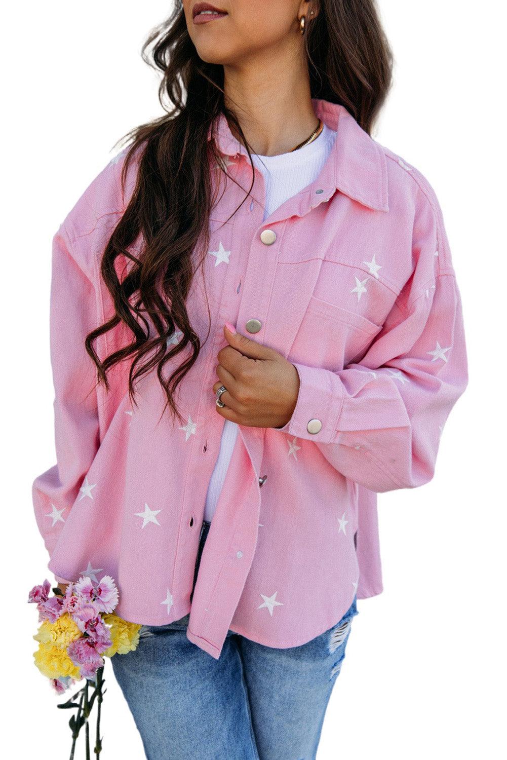 Pink Star Print Button Denim Jacket - L & M Kee, LLC