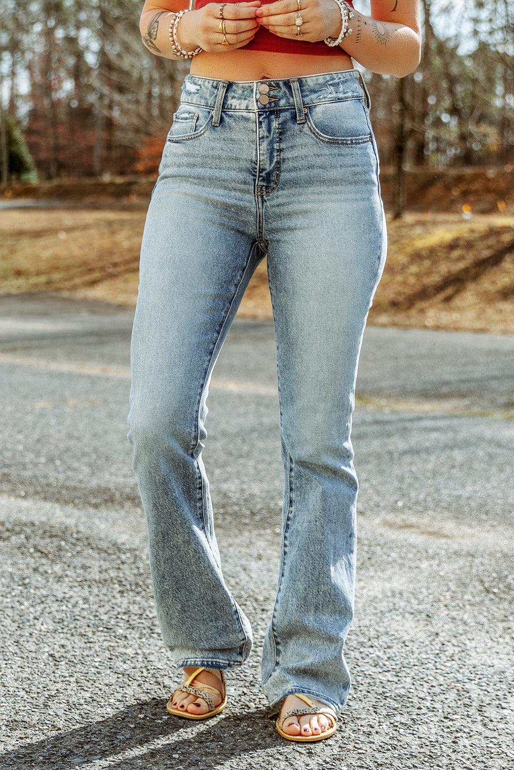 Sky Blue Subtle Ripped Detail Flare Bottom Jeans - L & M Kee, LLC