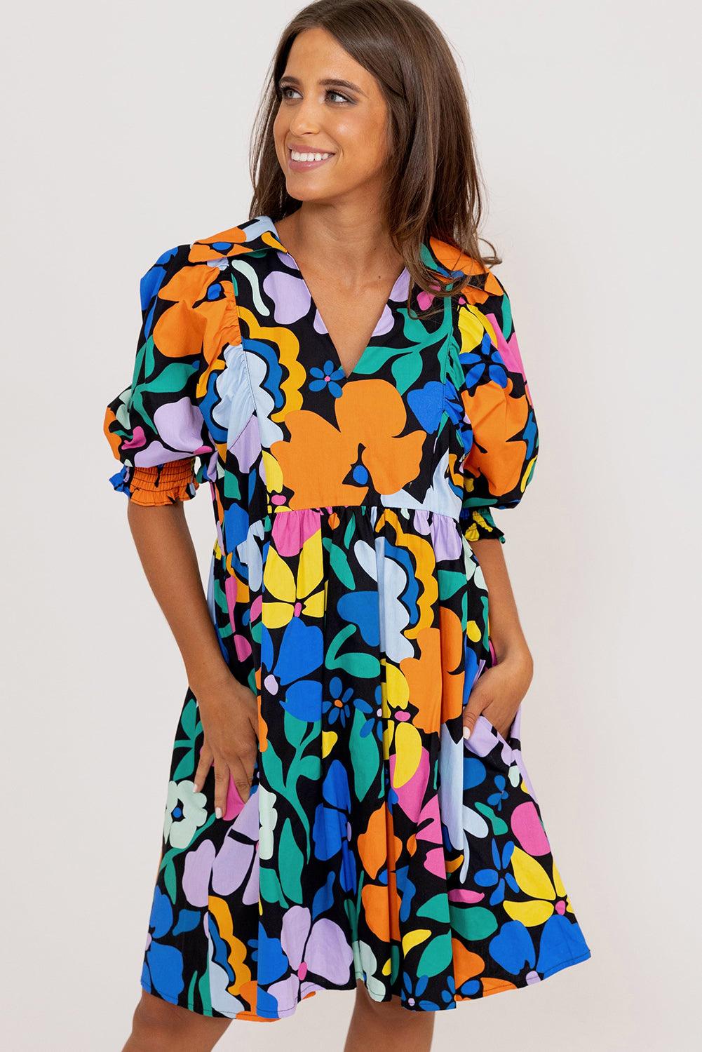 Blue Collared Split Neck Floral Flared Dress - L & M Kee, LLC