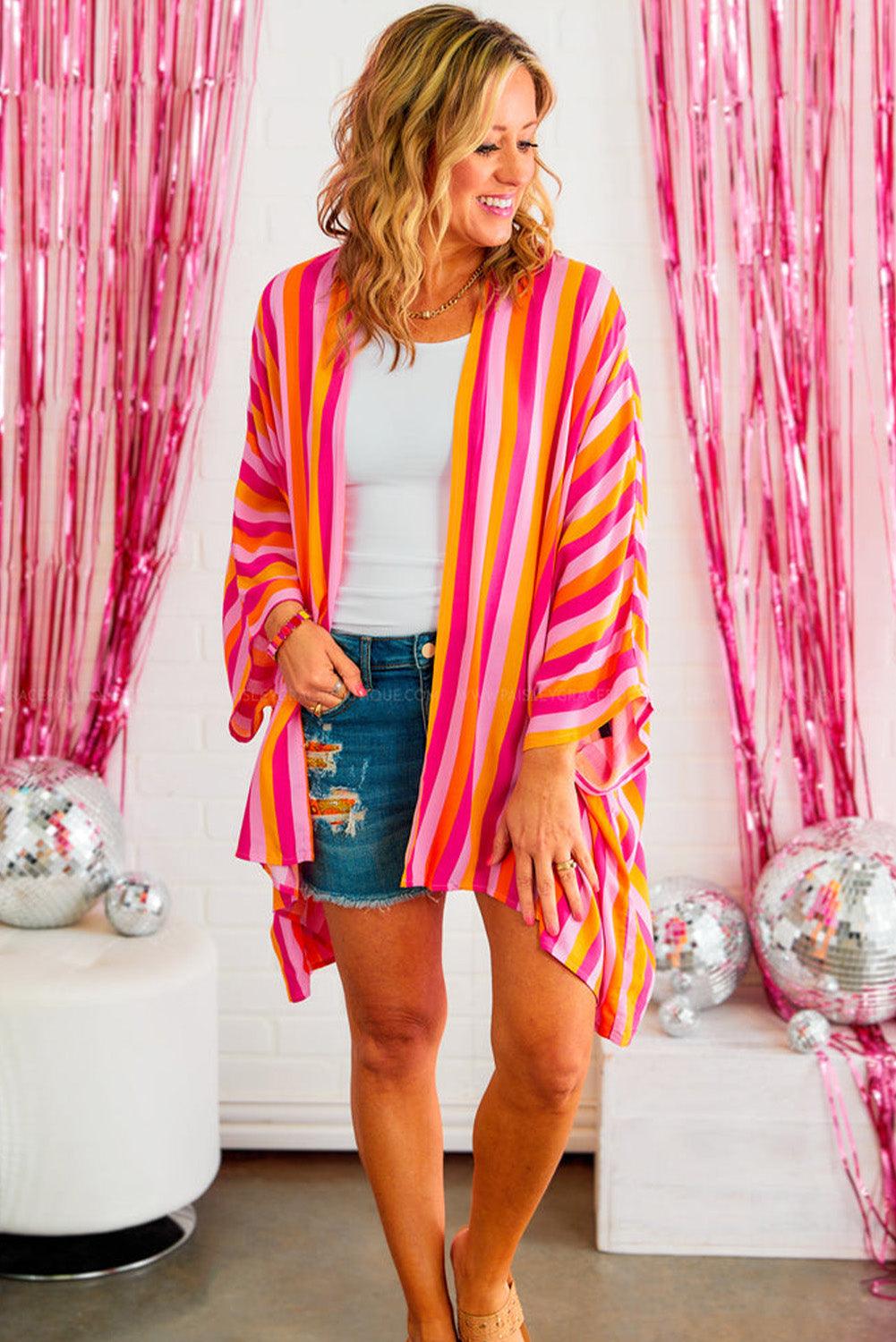 Rose Stripe Wide Sleeve Open Front Kimono - L & M Kee, LLC