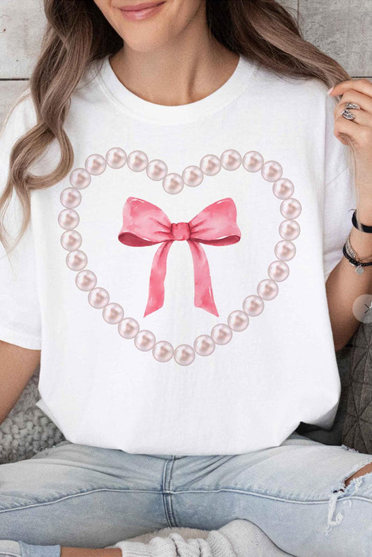 White Pearl Heart Bowknot Graphic T Shirt - L & M Kee, LLC