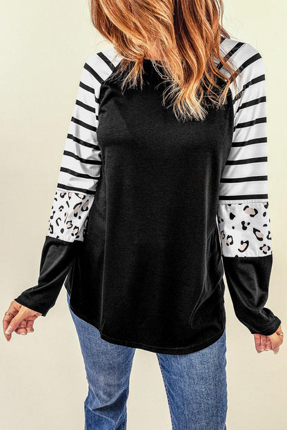 Black Striped Animal Print Colorblock Long Sleeve Top - L & M Kee, LLC