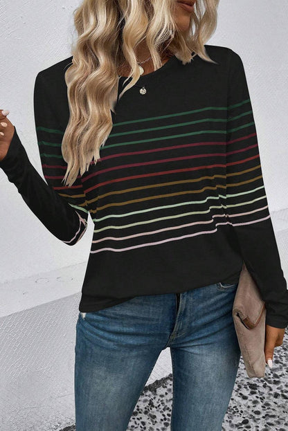 Black Multicolor Striped Crew Neck Long Sleeve Top - L & M Kee, LLC