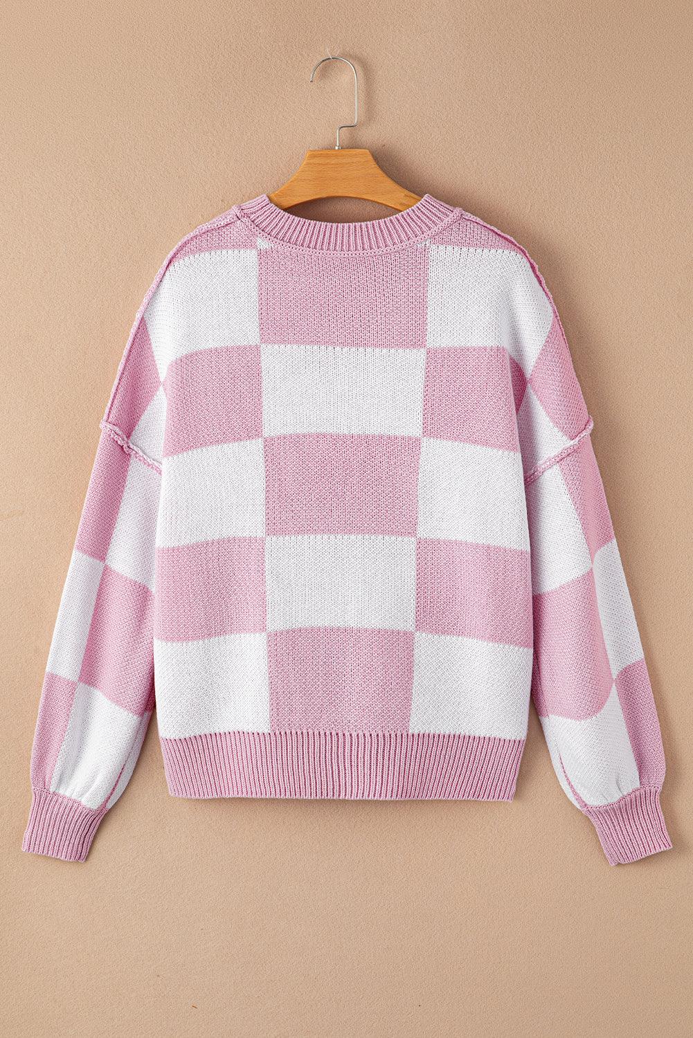 Pink Checkered Bishop Sleeve Sweater - L & M Kee, LLC