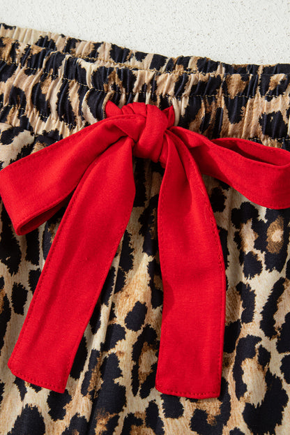 Racing Red Retro Plaid Leopard Print Patchwork Long Sleeve Shorts Pajama Set