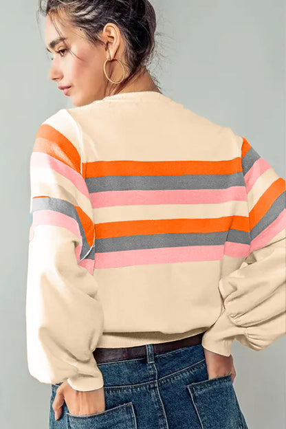 Beige Stripe Puff Sleeve Casual Pullover Sweatshirt