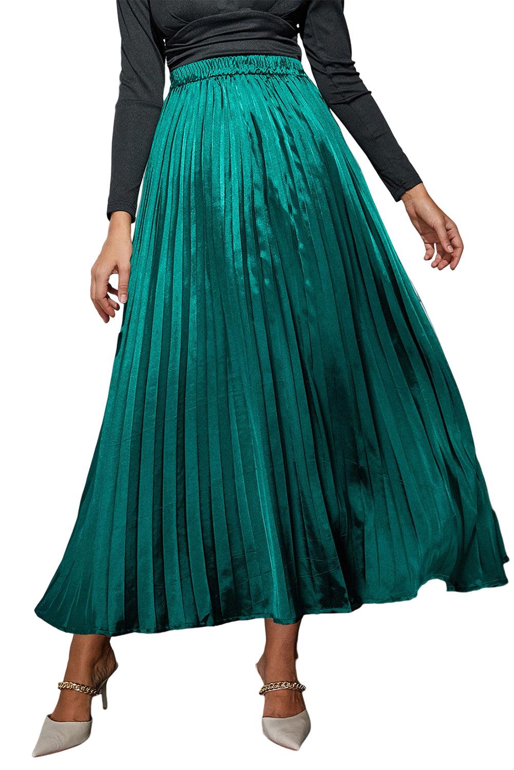 Blackish Green Satin Elastic Waist Pleated Maxi Skirt - L & M Kee, LLC